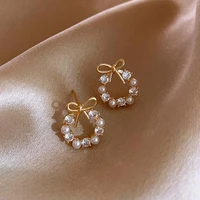 korean sweet rhinestone bowknot stud earrings for women fashion female jewelry for party gift new hot cute pearl circle earrings