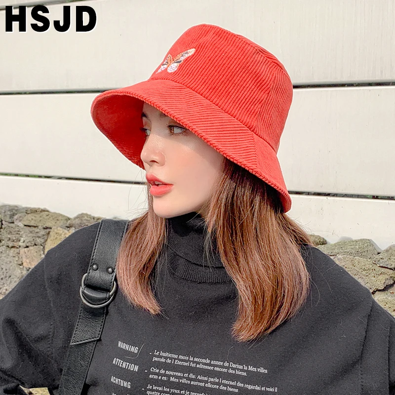 Butterfly Embroidery Bucket Hat Thickened Warm Autumn Winter Wide Brim Hats For Women Corduroy Hats Korean Panama Fisherman Hat