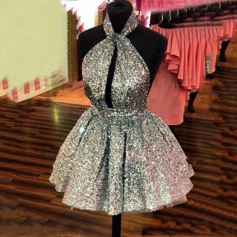 Блестящее серебряное мини-платье с блестками для выпускного вечера 2020