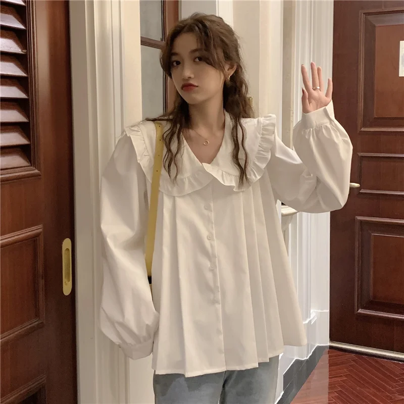 

Autumn/winter White Collar Shirt New Ruffle Shirt Loose Long Sleeve Top