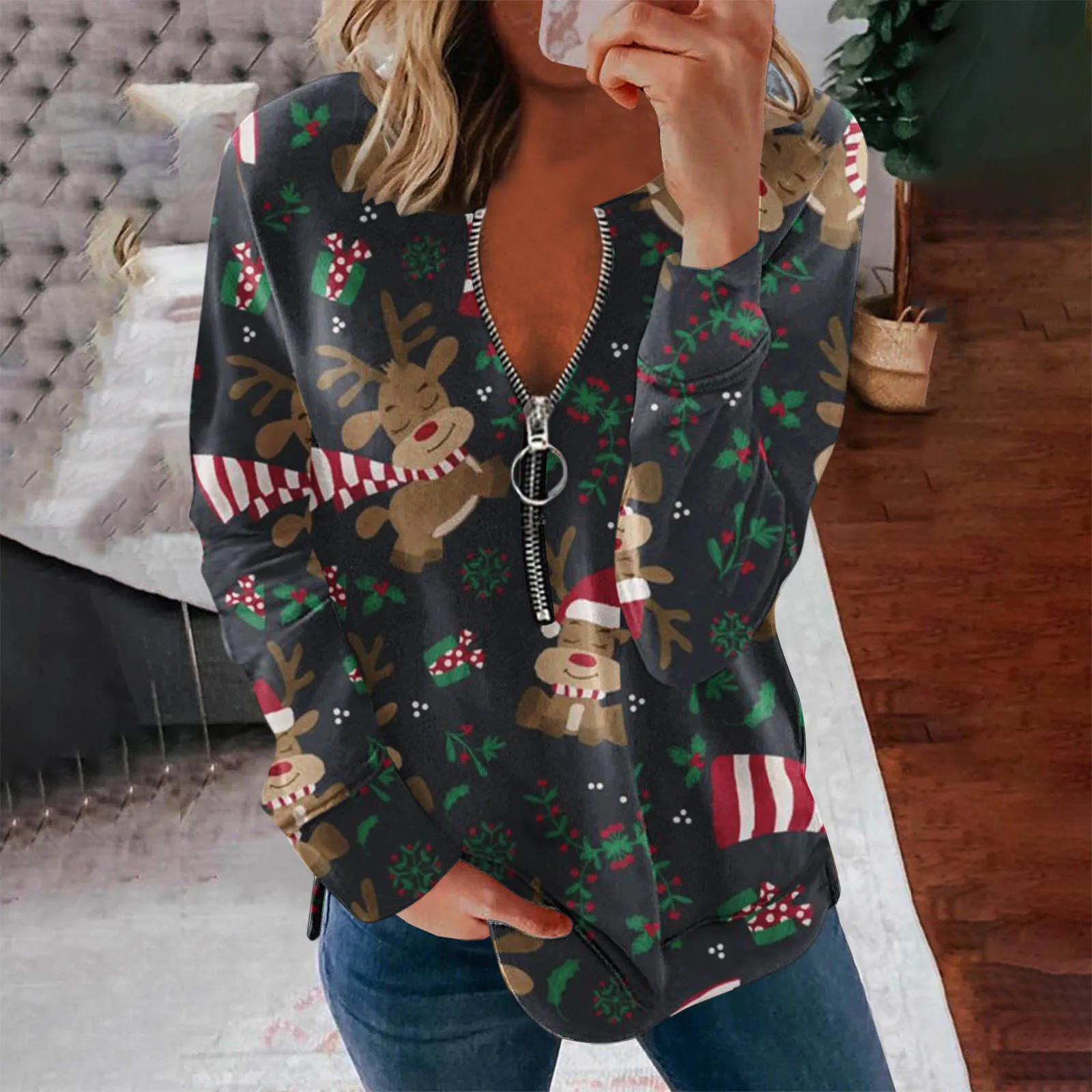 

Womens Vintage Zipper Blouse Christmas Print Casual Shirts Sexy V-neck Long Sleeve Elegant Blouse Pullover Блузка Женская