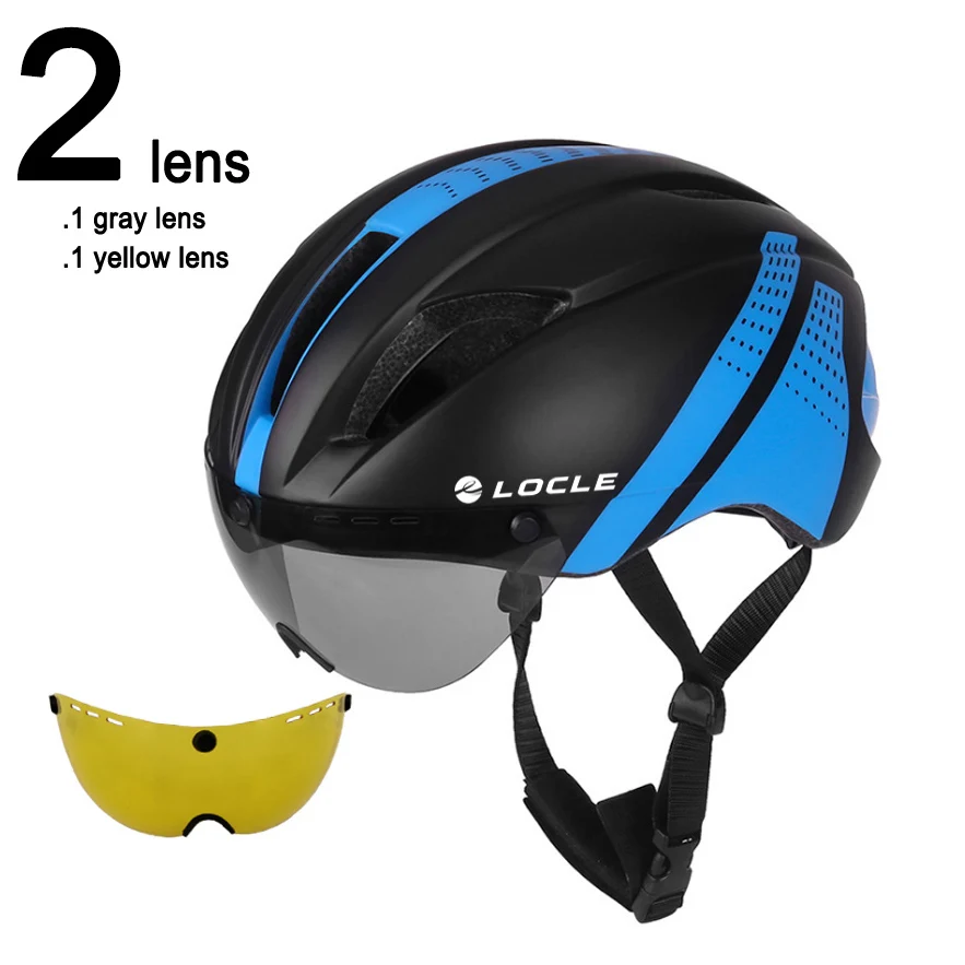 LOCLE, 3 линзы, Aero TT, для шоссейного велосипеда, велосипедные очки, шлем для велоспорта, защитный шлем для верховой езды, мужской, скоростной, пробный, шлем двойного назначения 280 г - Цвет: Black Blue 2 Lenses