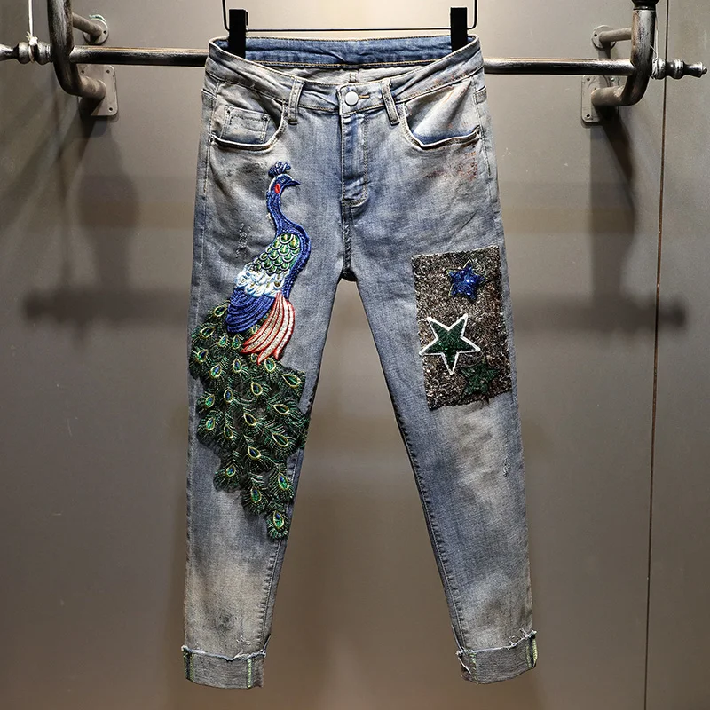 

Female Trousers 2020 New Spring Summer Embroidery Peacock Ultra Long Denim Pants High Waist Casual Women Pencil Jeans Students