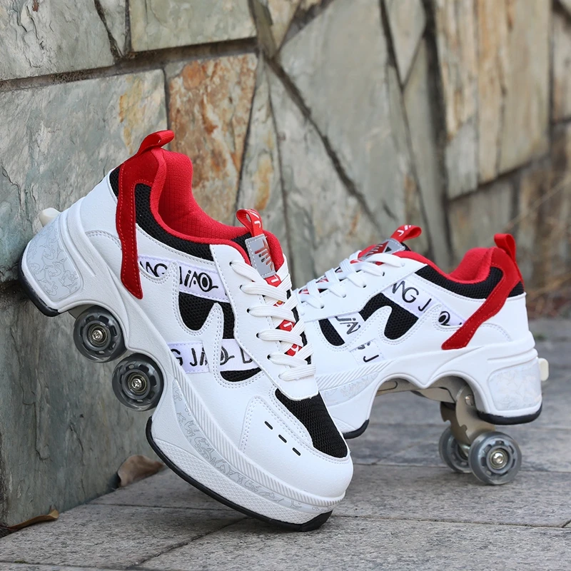 Deformation Roller Skate Shoes Four-Wheel Dual-Use Double-Row Roller Skates Shoes Unisex Deformation Parkour Roller Wheel Shoes