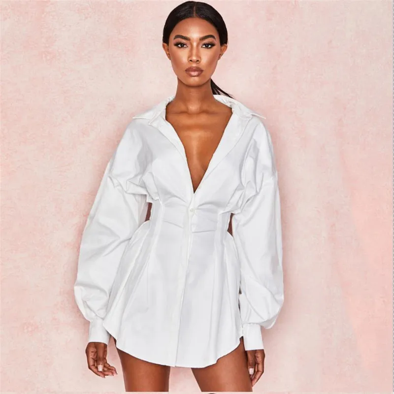 

Women Shirts Dress Office Lady Long Puff Sleeve V-Neck High Waist Mini Dress Solid White Black Defined Waist Shirt Tunic Dress
