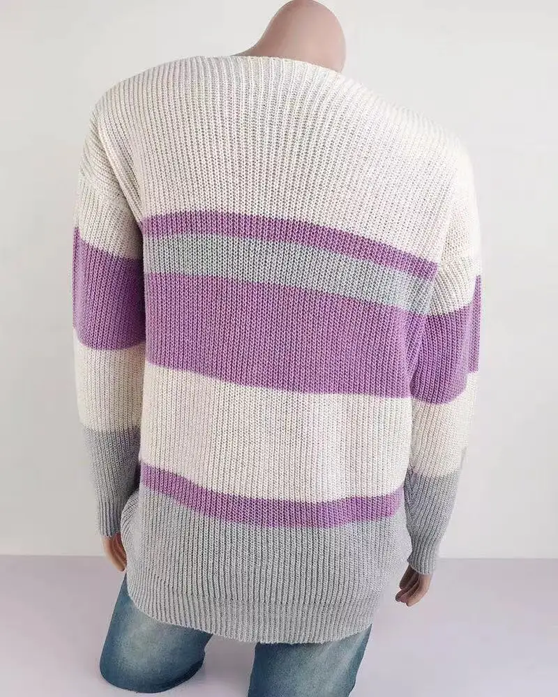 

Color Matching Knitted Sweater New V-neck Button Striped Cardigan for Fall / Winter 2020