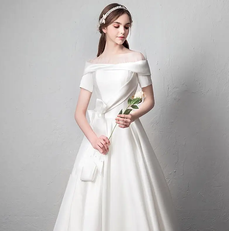 

Off Shoulder Simple Vintage Short Sleeve Satin A line Wedding Dress Corset Women Soft Bridal Gown Engagement Dresses #10010