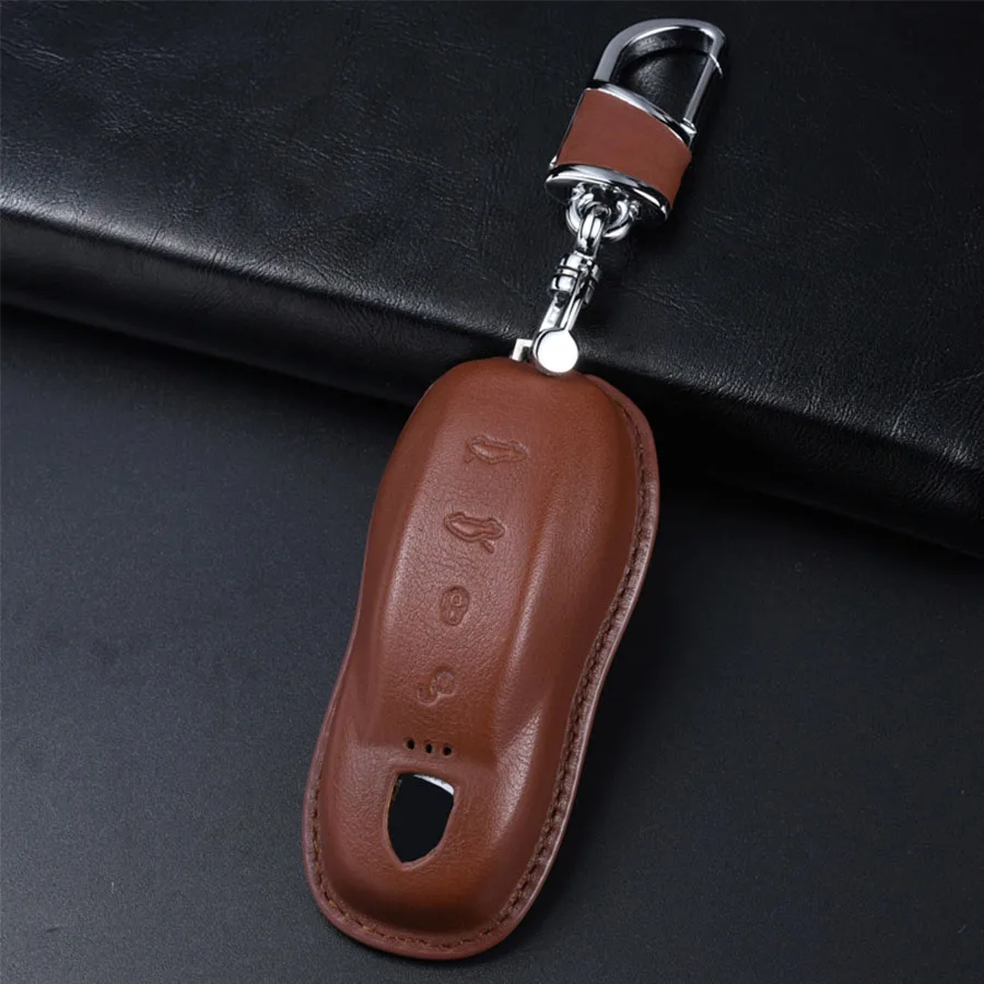 Brown with Keychain Чехол для ключей из коровьей кожи для автомобиля Porsche Boxster Cayman 911, Panamera Cayenne Macan, Модный чехол для ключей, аксессуары - Название цвета: Brown with Keychain