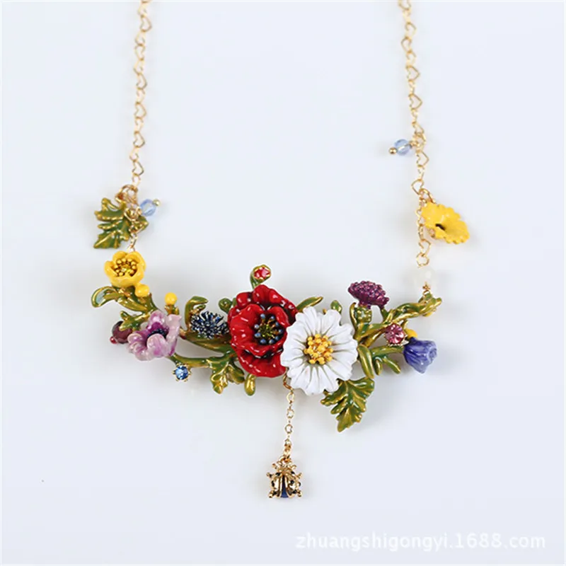 Серьги в форме мака комплект из ожерелья и браслета эмалированные глазурованные