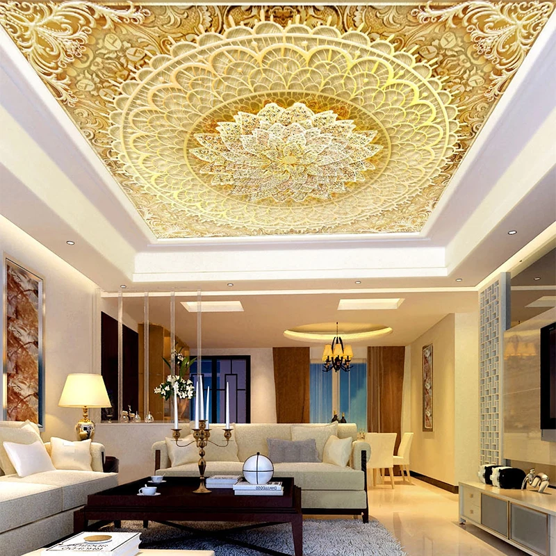 Custom Ceiling Mural Wallpaper 3D Stereo Golden Diamond Flower Zenith Fresco Living Room Hotel Dining Luxury Wall Papers | Обустройство