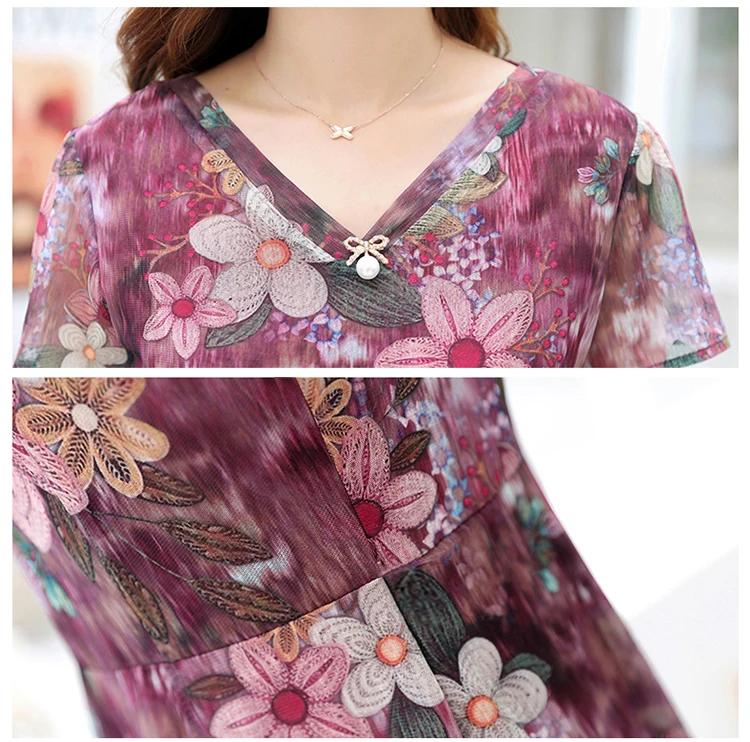 

Middle-aged V Neck Women Dress 2020 Summer New Chiffon Mid-Length Short-Sleeved Plus Size Dress Printed elegant dress 821G