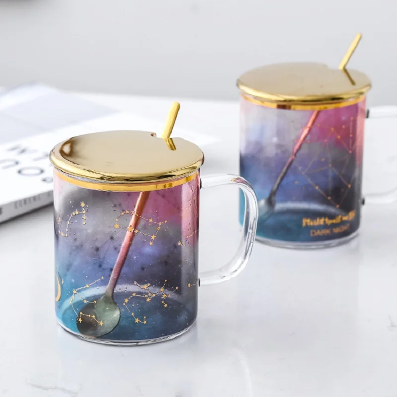 

Change Colour Cartoon Milk Mugs with Spoon & Cover Creativity Glass Mug Student Drinking Cup Starry Sky Thermos Coffee Mugs