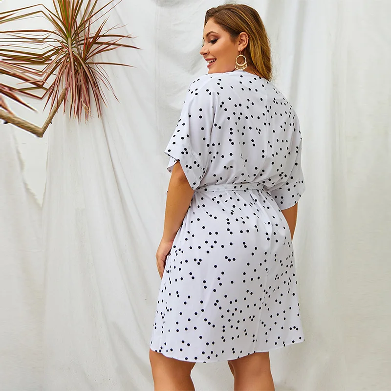 

Women's 2021 New Large Size V Neck Short Sleeve Lace Up Short Dress For Summer Ladies 4XL Fashion All Match Mini Dress