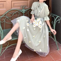 houzhou green dress woman mesh elegant sweet midi dress summer kawaii fairy outfits tulle muslin sundress 2021 fashion women