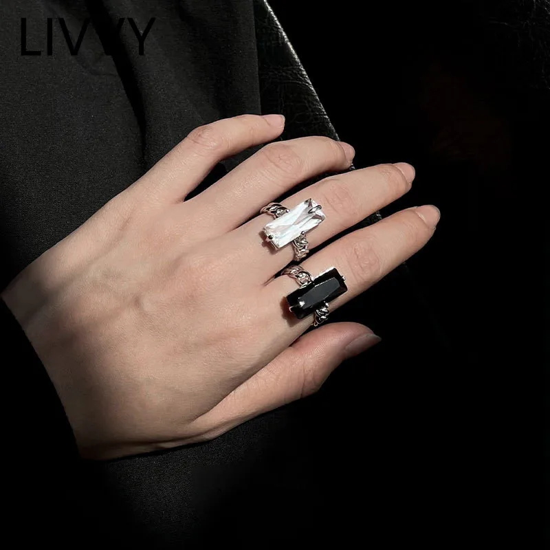 

Женское прямоугольное кольцо с кристаллами, серебристое регулируемое кольцо с геометрической цепочкой, модное простое легкое роскошное ве...