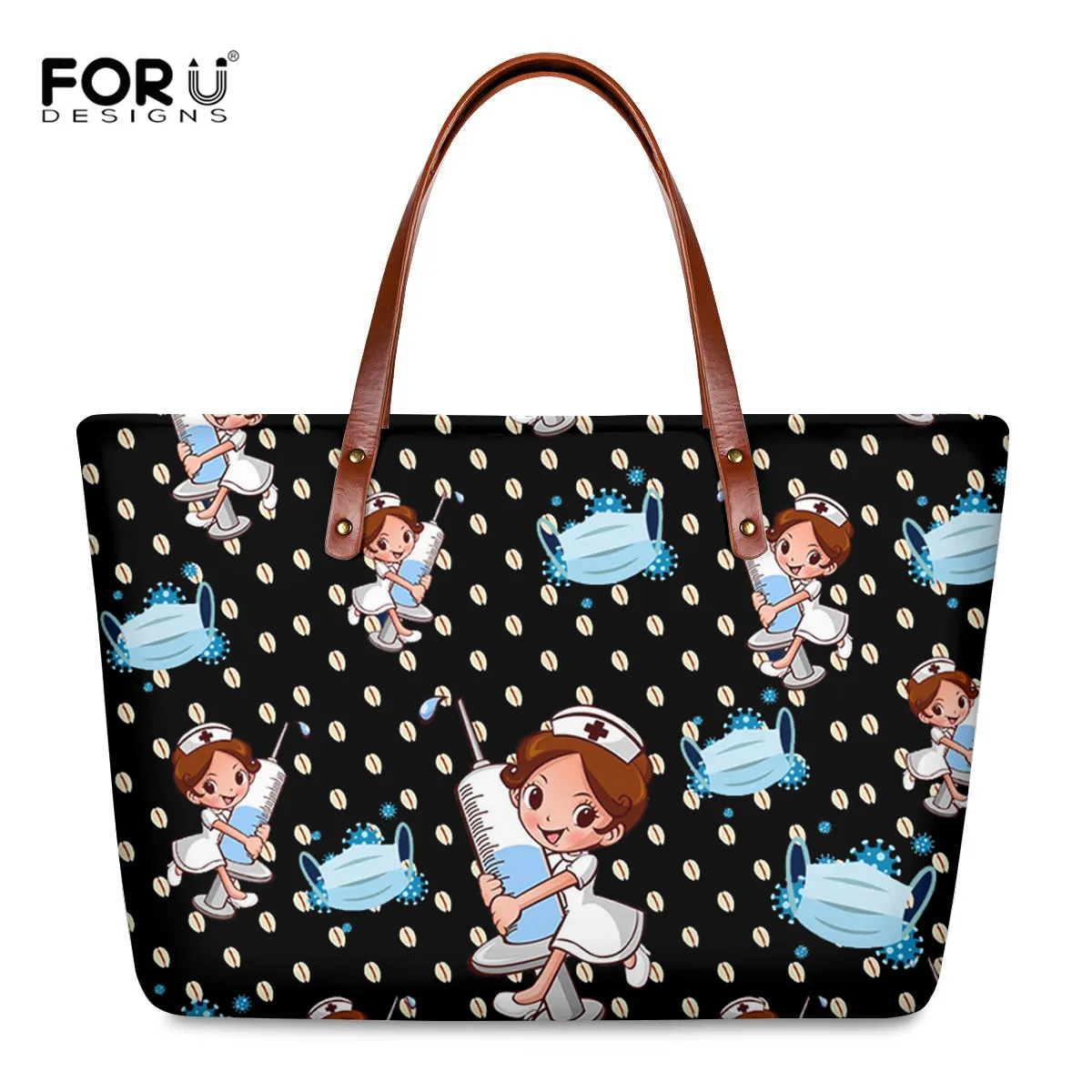 

FORUDESIGNS Women Top-Handle Bags Cartoon Nurse Pattern Ladies Fashion Zipper Handbag Female Big Soft Shoulder Bag Mujer Bolsas