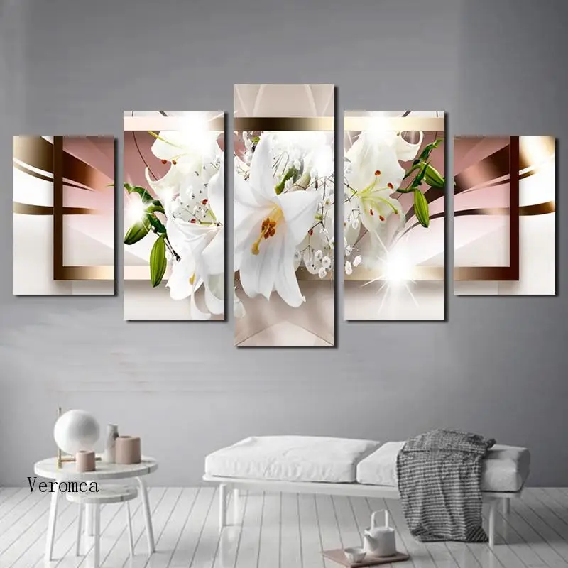 

Декор для дома, плакат с Hd принтом белых лилий, пять частей, Картина на холсте, Реалистичная фотография, Безрамная картина на стену