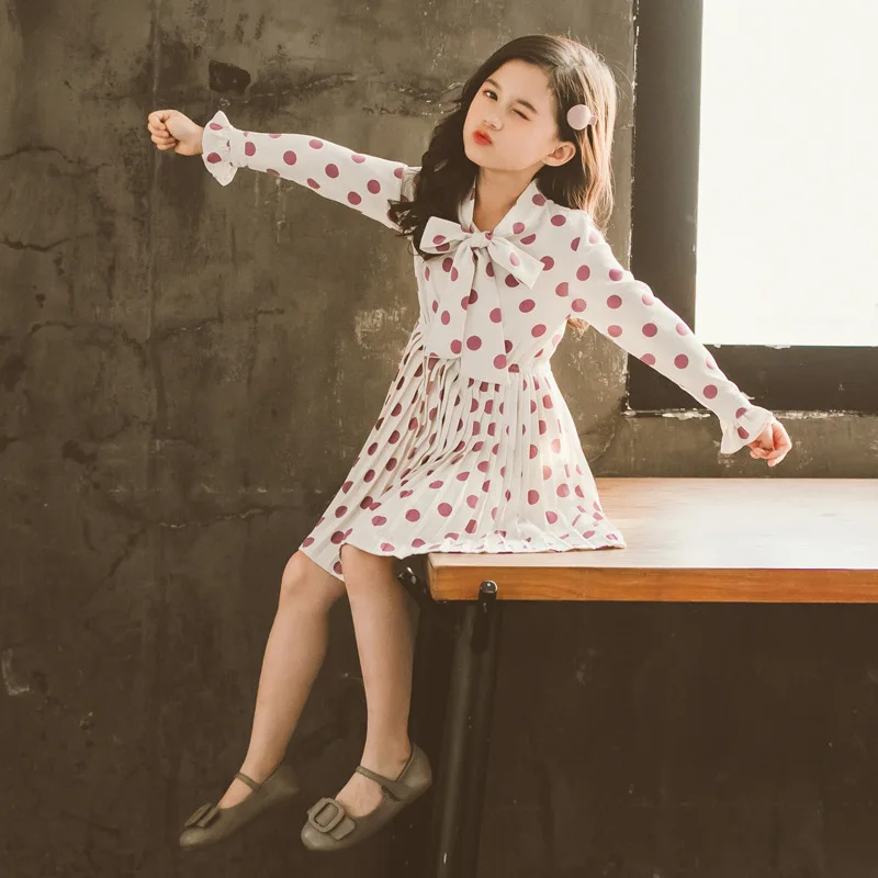 2020 Spring Autumn Kids Clothing Big Girl Boutique Chiffon Dresses Fashion Polka Dot Dress for Girls Age 4 5 6 7 8 9 10 11 12 13 | Детская