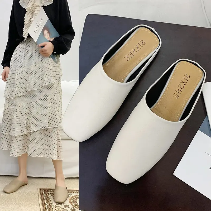 

Женские кожаные шлепанцы, повседневные праздничные туфли без задника, плоская подошва, однотонные, для весны и осени, 2021