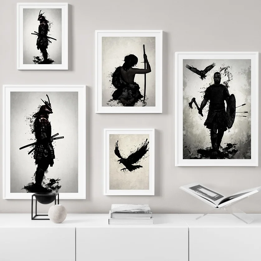 

Samurai Warrior Portrait Poster Black and White Canvas Painting Armored Soldier Deer Crow Wall Art Prints for Living Room Decor