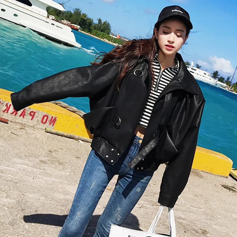 Trendy Fad New Streetwear Women Loose Pu Faux Leather Jacket Casual Female Motorcycle Biker Vintage Batwing Sleeve Black Coat