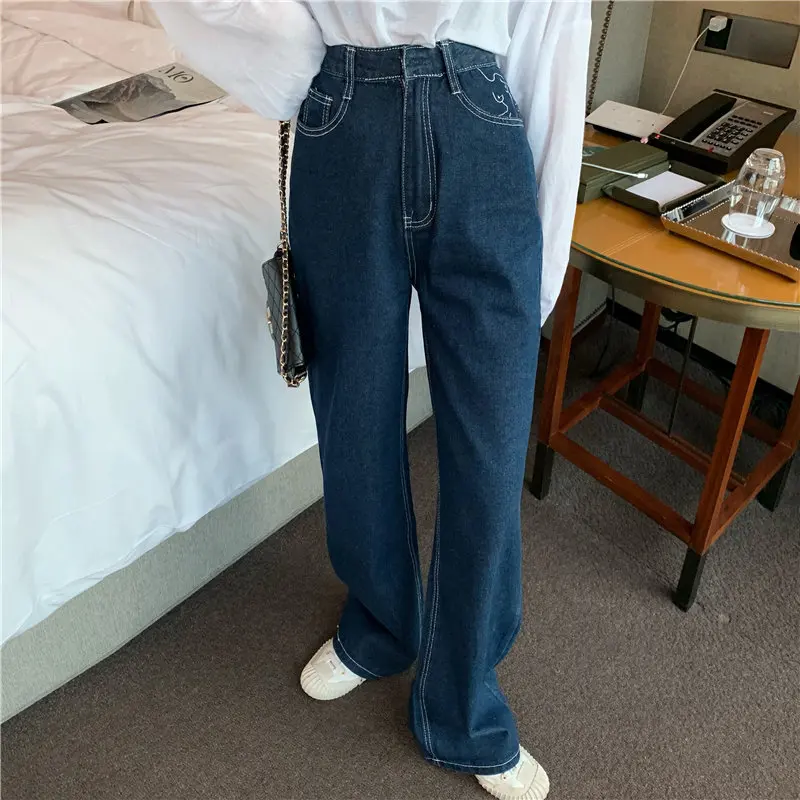 HziriP Hot Straight High Street Plus Size Embroidery 2019 Waist Loose Jeans Full-Length Denim Casual Wide Leg Trousers | Женская одежда