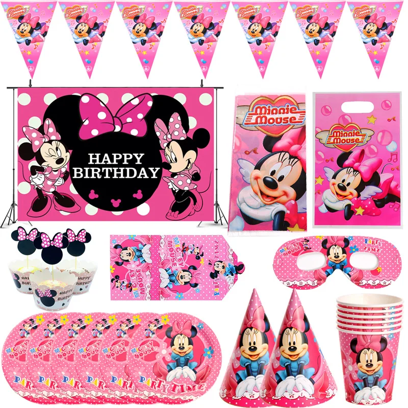 

Disney Minnie Mouse Paper Plate Cup Napkin Hat Happy Birthday Party Supplies Girls Mouse Baby Shower Wedding Home Decoration