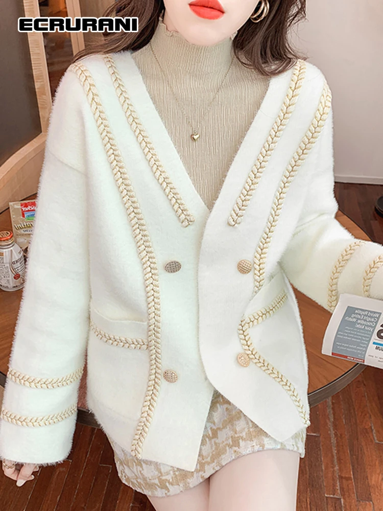 

ECRURANI Casual Colorblock Coats For Women V Neck Long Sleeve Loose Elegant Single Breasted Coat Females 2021 Autumn New Clothes