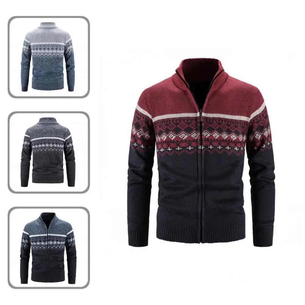 

Male Knitted Coat All-Match Sweater Coat Cold Resistant Thickened Trendy Print Patchwork Slim Fit Knitted Cardigan