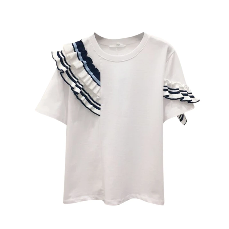 

ruffles patchwork elegant women t-shirts 2020 summer new o-neck short-sleeved loose office lady pulls tops tees top quality