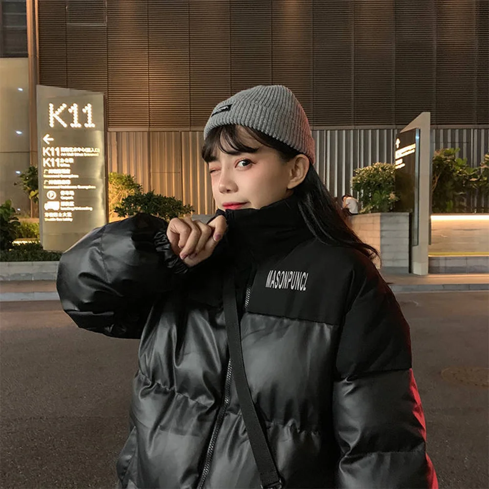 Winter Women Elderly Long-sleeved Down Jacket Black Warm Jacket PU Leather Stand-up Collar Windproof Women Fashion Jacket