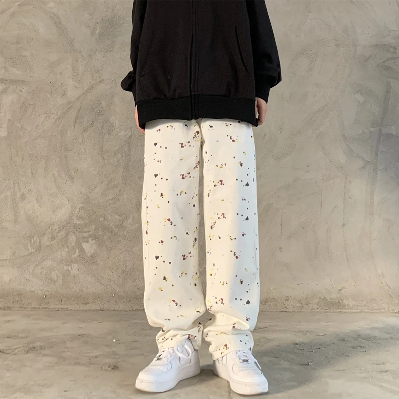 

Jeans For Women Denim Wide Leg Pants Ins Chic Painting Ink Dirty White Long Straight Trousers Harajuku Bf Street Wear