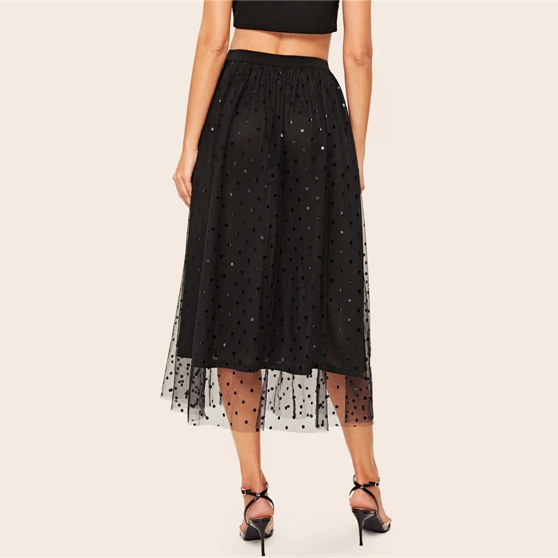 Dotfashion/Повседневная юбка с эластичной резинкой на талии, трапециевидная юбка для женщин, осенняя контрастная многослойная сетчатая юбка в горошек, Женская Черная Юбка-миди