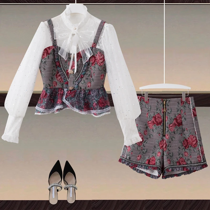 

Designer New Spring Autumn Women Set High Quality Lace Long Sleeve Gorgeous Tops Jacquard Print Shorts Party Casual Elegant Suit
