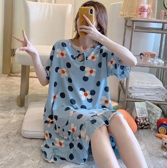 

Nightgowns women short sleeve cotton night dress sweet print student's nightwear nightshirt loose ladies sleepwear home clothes