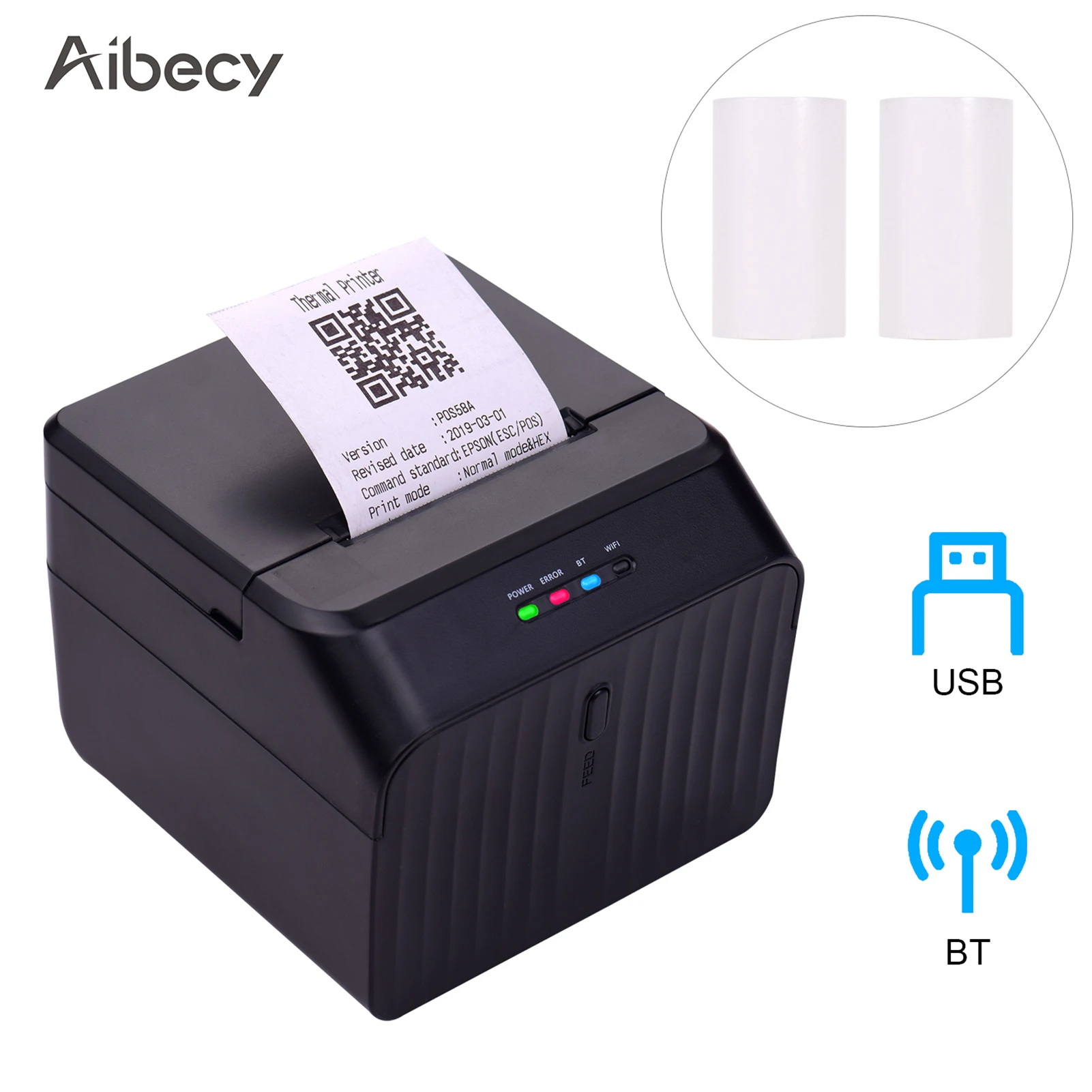 

Aibecy Desktop Thermal Label Printer Wired Barcode Printer USB BT Connection with 2 Rolls Paper Inside Support ESC/POS Command