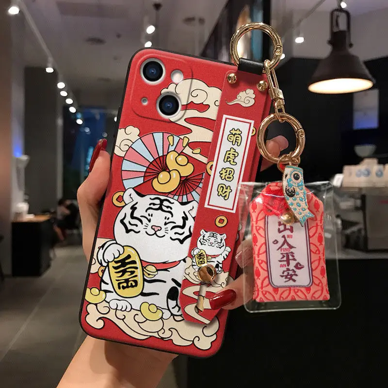 Роскошный защитный чехол с тиснением Lucky Cat для iPhone 11, 12, 13, Pro Max Mini XR XS, браслет, кронштейн, подвесное украшение, задняя крышка (art.: 3920b95cdefbe) - 3920b95cdefbe