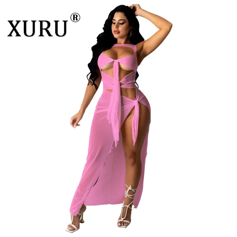 

XURU European and American New Style Women's Dress Sexy Hollow Perspective Lace Mesh Sleeveless Dress
