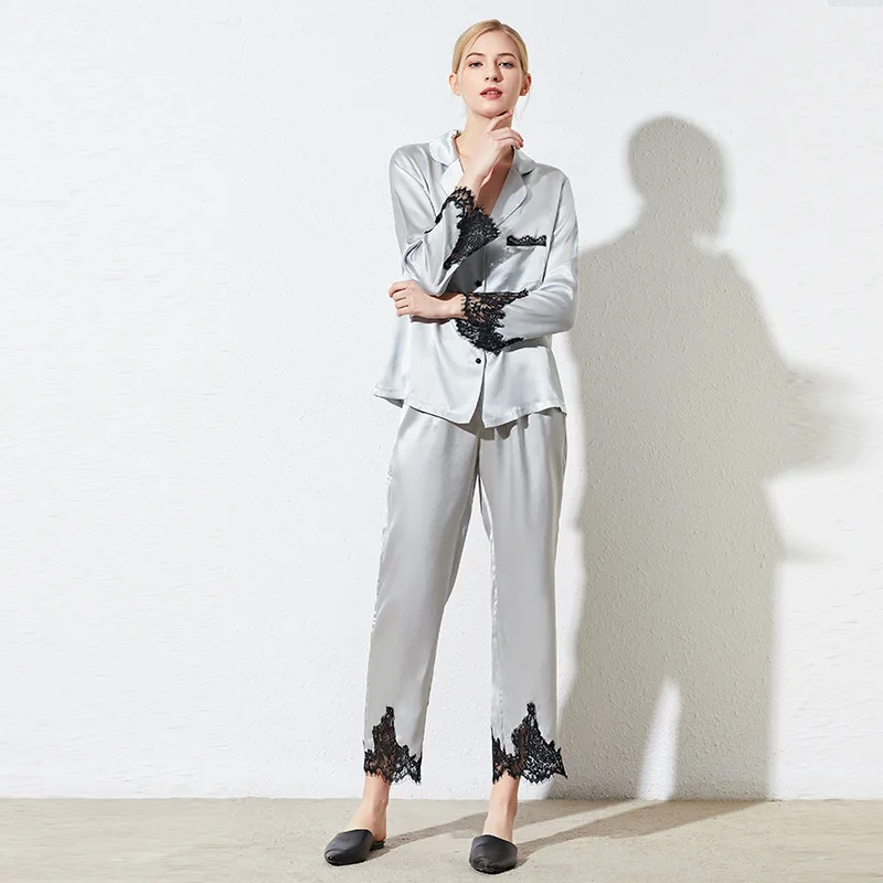 

Women's Silk Pajamas Summer Mulberry Silk Long Sleeve Two-Piece Suit Lace Split Tracksuit Suit