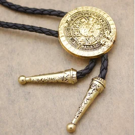 AntiqueGold Fab Aztec Mayan индийская Мехико детальный календарь маска кожаный Пряжка Галстук боло Модные мужские Подарочные ювелирные изделия подарок для мужчин slimtie - Цвет: AntiqueGold