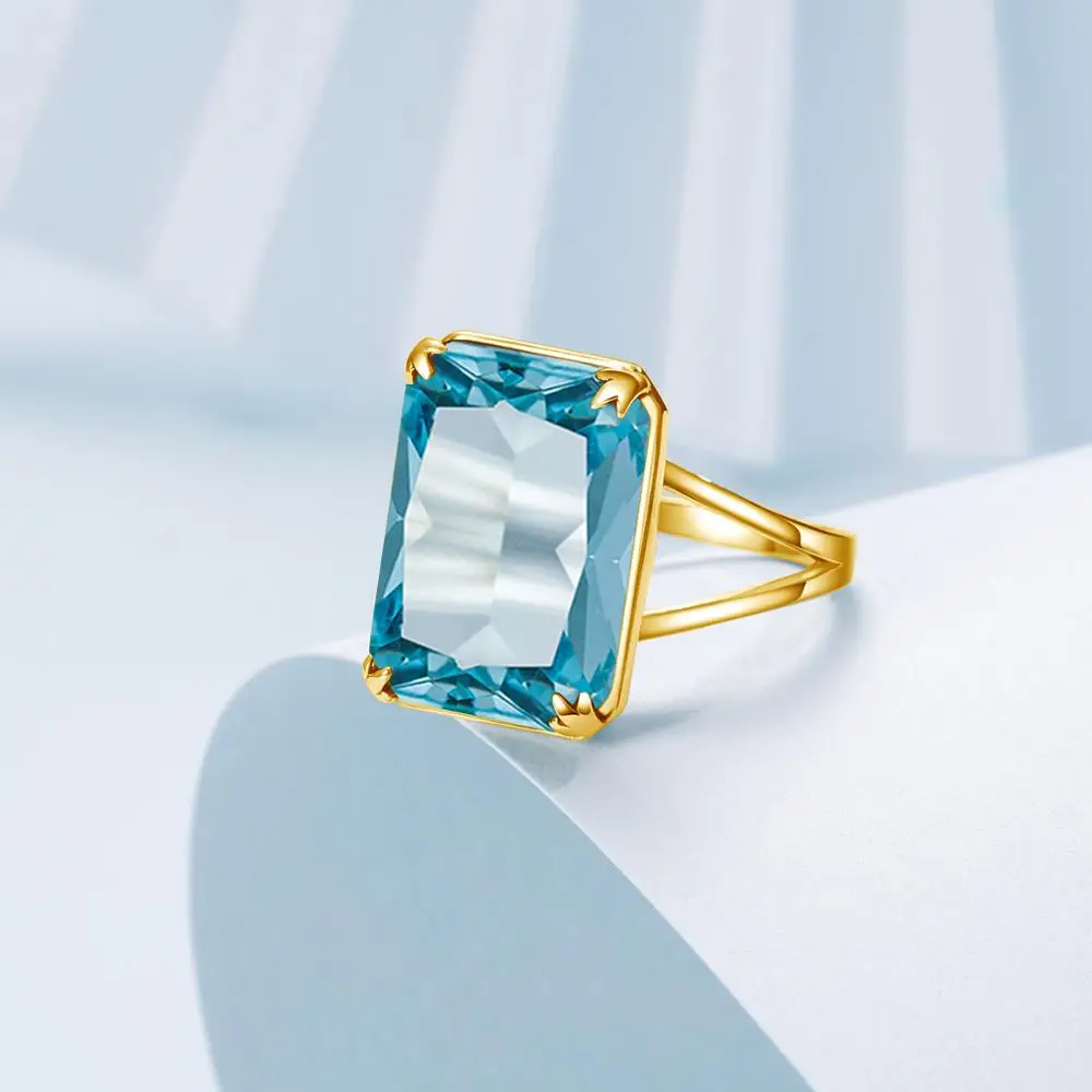 100% Genuine Silver 925 Rings With 14K Gold Ring Sky Blue Aquamarine Handmade Carve Rectangle Gemstone Fine Jewelry For Women | Украшения и