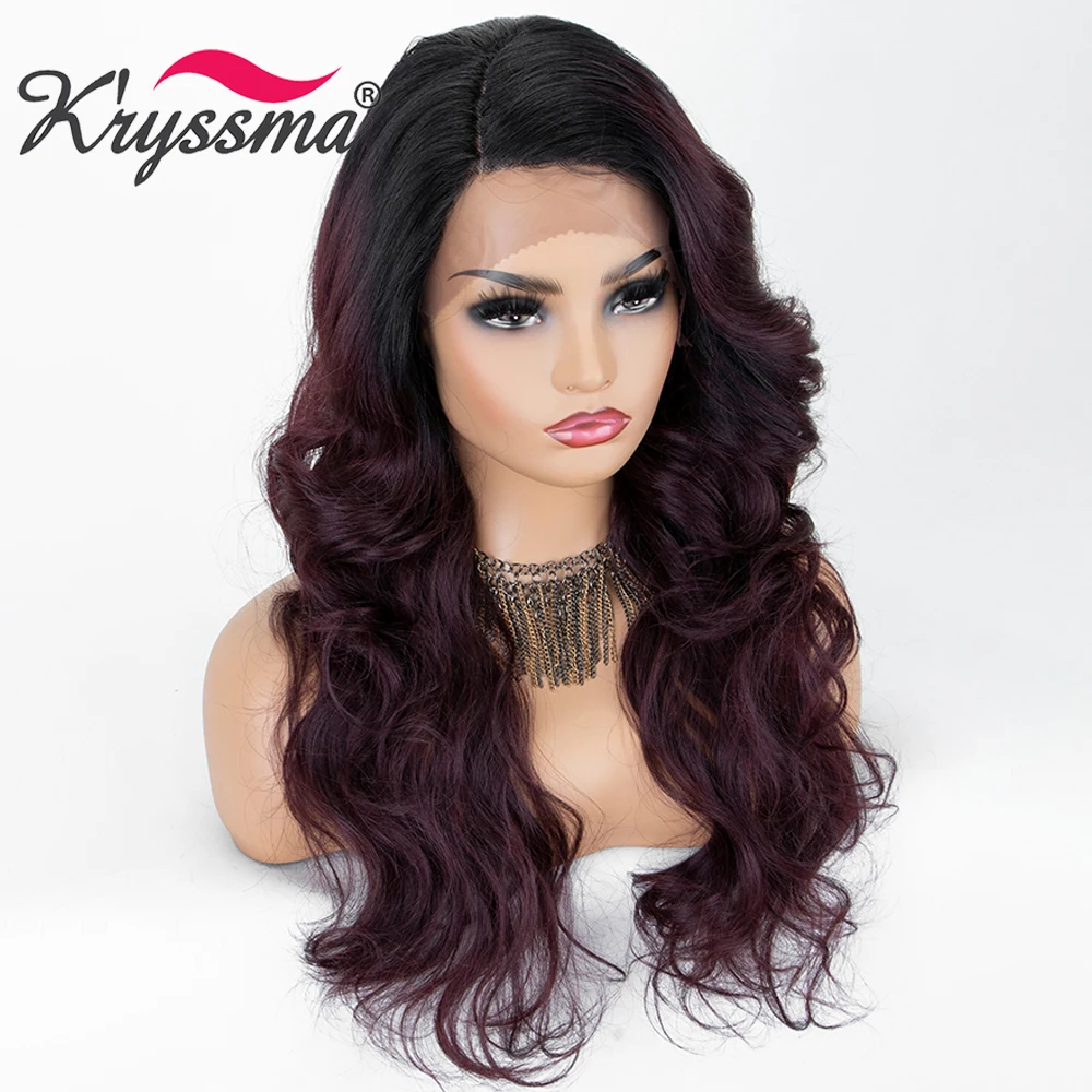 Kryssma Wine Red Wig Long Wavy Synthetic Wigs Ombre Purple Wig Synthetic Lace Front Wig Mixed Black Cosplay Wigs For Halloween
