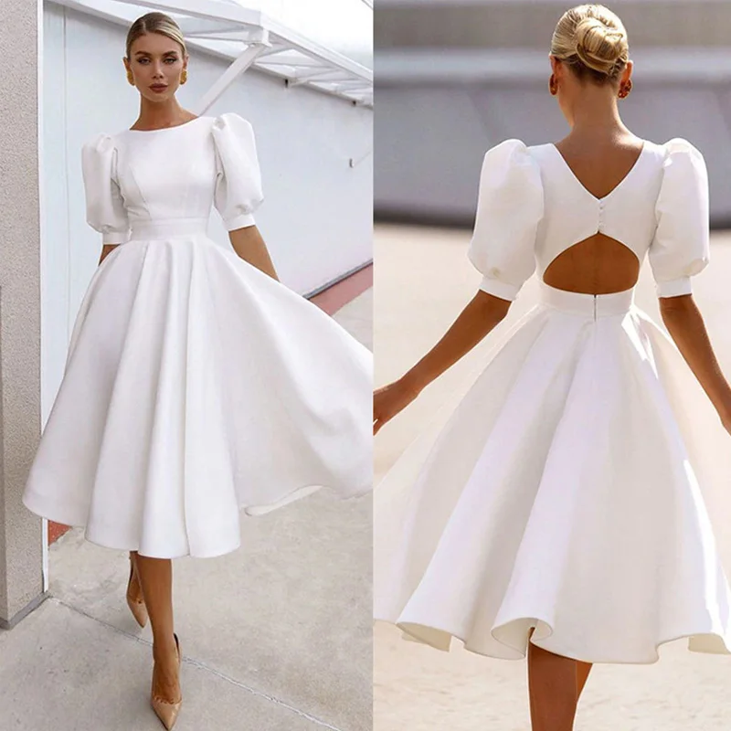 

Dress Sexy Backless Button Chic Dresses Lady Fashion Temperament OL Dress Women Elegant Puff Sleeve Solid Big Hem Pleated Party