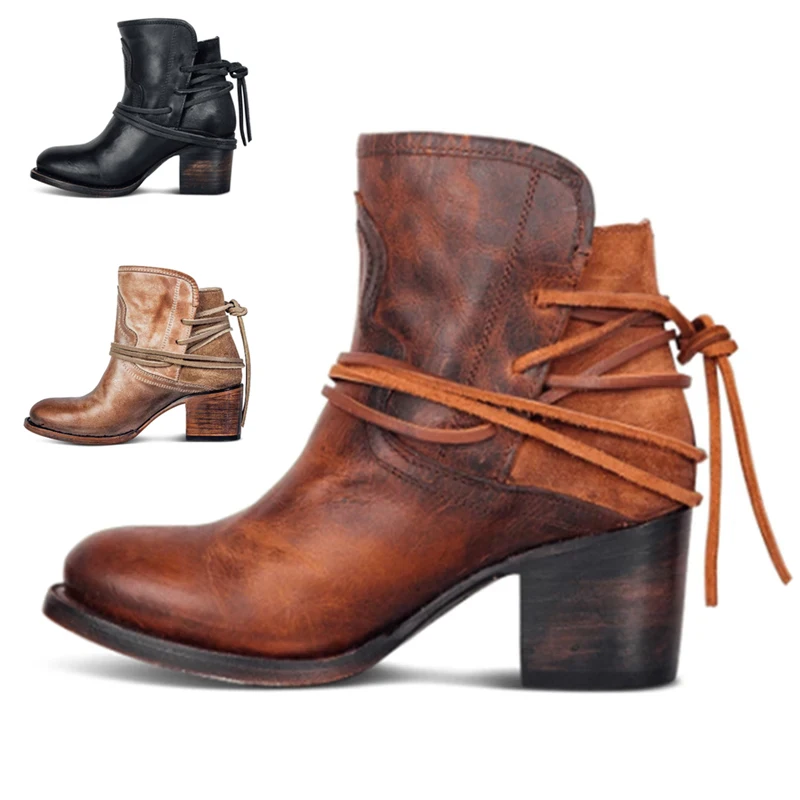 

43 Plus Size Women's Shoes Winter Women Motorcycle Ankle Boots PU Wipe Color High Heels Lace Up Black Thick Bottom Botas Mujer