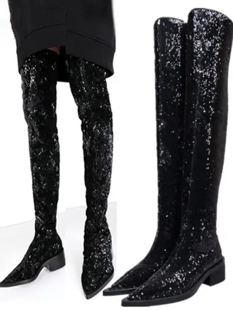 

Drop Shipping Woman Black Sequined Cloth Pointed Toe Thigh Boots 55 mm Square Heels Bling Slim Over The Knee Long Knight Boots