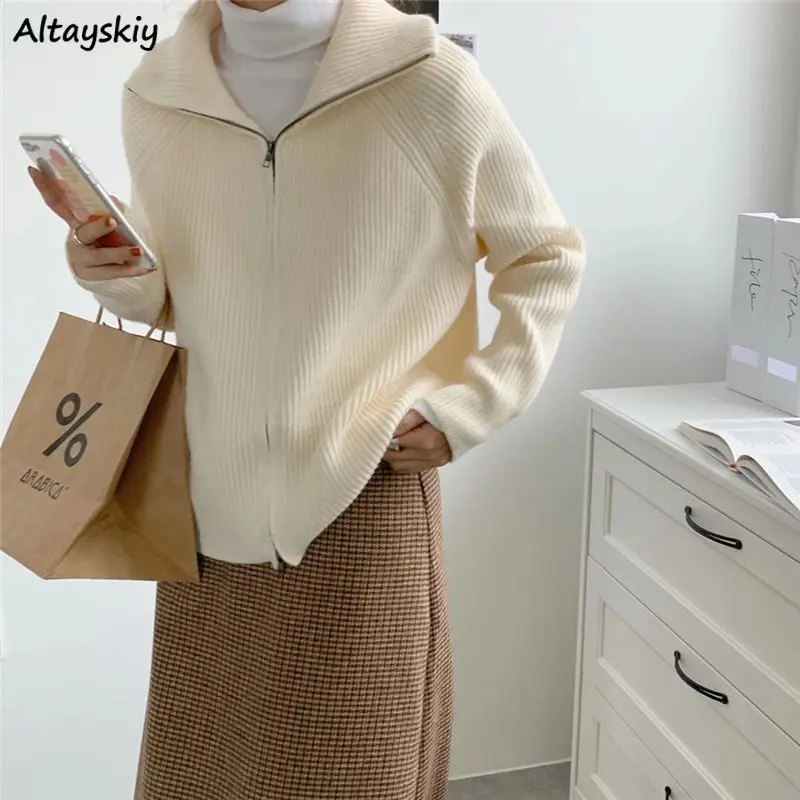 

Turn-down Collar Zipper Cardigan Sweater Women Vintage Loose Fit Lazy Elegant Autumn Design Harajuku Personality Knitted Outwear