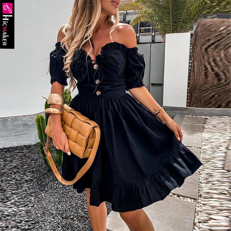 Женское платье с открытыми плечами и вырезом на пуговицах|Женские платья| |