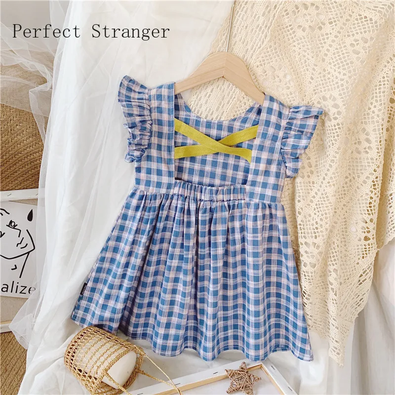 

2021 Summer New Arrival Leisure Kid Clothes Round Collar Plaid Backless Baby Girl Dress 2-7Years Old