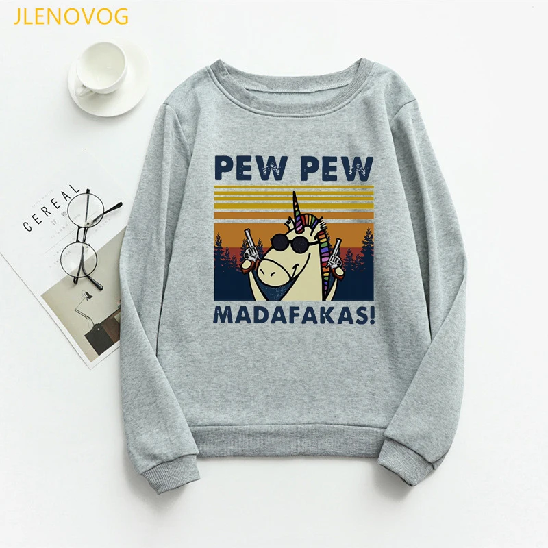 

Pew Madafakas, серые толстовки с единорогом, женская зимняя одежда 2021, забавный Черный кот с пистолетом, Женский свитшот
