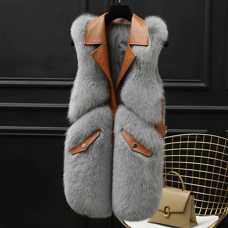 FURSARCAR 70cm Long Genuine Motorcycle Leather Vest For Women Real Natrual Fox Fur Waistcoat Feamle Winter Sheep Skin Fur Gilet